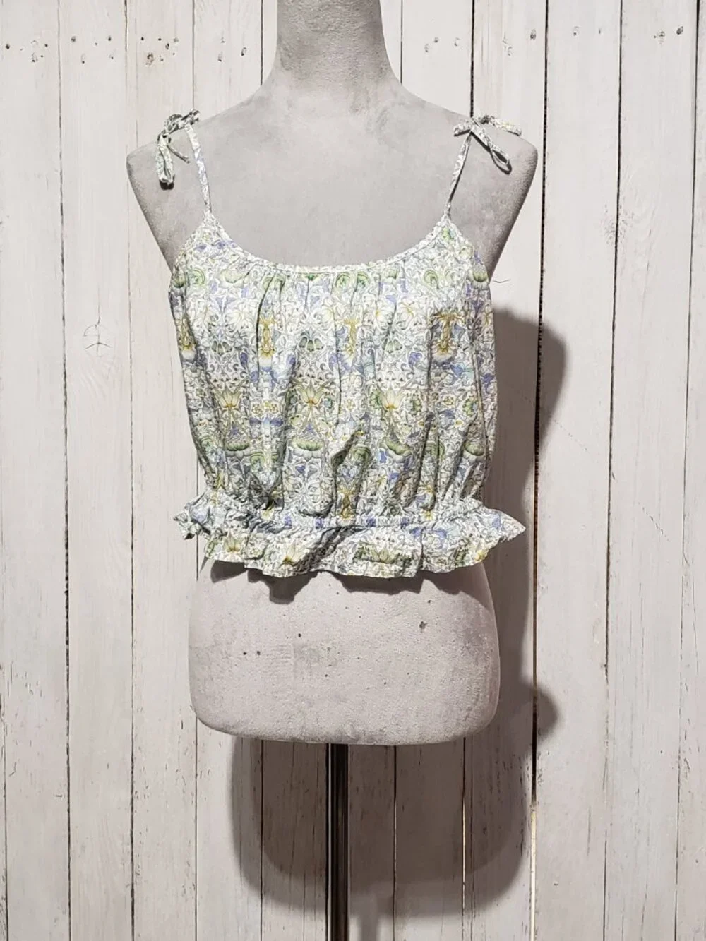 J.Crew‎ Liberty London M Floral Crop Tank Top Ruffle Tie Shoulder Cottage Fairy